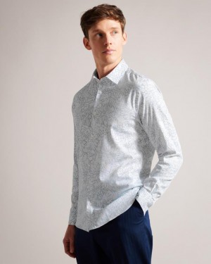 Koszule Męskie Ted Baker Long Sleeve Floral Outline Print Białe Polska | PL-HKQGV3641