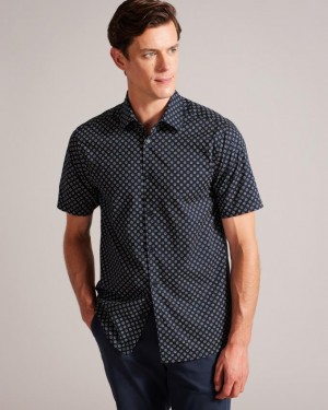 Koszule Męskie Ted Baker Short Sleeve Geometric Print Granatowe Polska | PL-VWNIZ7304