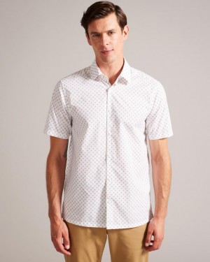 Koszule Męskie Ted Baker Short Sleeve Geometric Print Białe Polska | PL-MCIVF8174