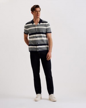 Koszule Męskie Ted Baker Striped Knit Cotton Cashmere Granatowe Polska | PL-GVTMK7460