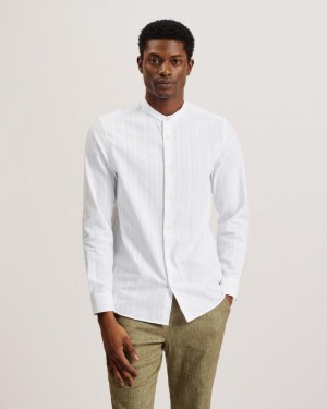 Koszule Męskie Ted Baker Textured Stripe Grandad Collar Białe Polska | PL-ZGQHK5467