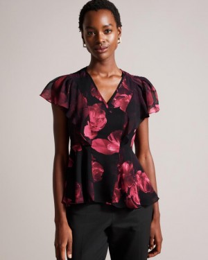 Najfatalniejszy Damskie Ted Baker Angel Sleeve Peplum Czarne Polska | PL-QMTFA7201