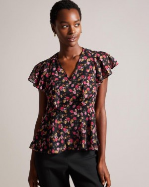 Najfatalniejszy Damskie Ted Baker Angel Sleeve Peplum Czarne Polska | PL-REQOH4159