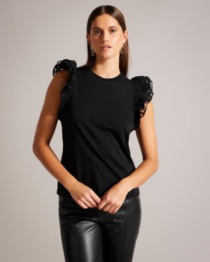 Najfatalniejszy Damskie Ted Baker Cotton With Frill Sleeve Czarne Polska | PL-FRDUN9150
