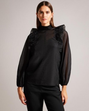 Najfatalniejszy Damskie Ted Baker Frilled Shoulder Organza Czarne Polska | PL-EBMLF8475