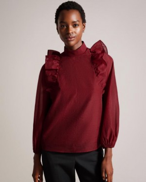 Najfatalniejszy Damskie Ted Baker Frilled Shoulder Organza Ciemny Czerwone Polska | PL-BLTCV3501