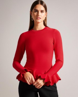 Najfatalniejszy Damskie Ted Baker Long Sleeve Scalloped Peplum Głęboka Czerwone Polska | PL-NLURF6294