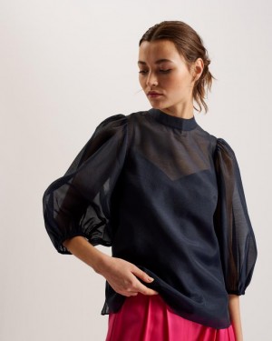 Najfatalniejszy Damskie Ted Baker Organza Balloon Sleeve Ciemny Niebieskie Polska | PL-NBOKQ6042