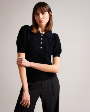 Najfatalniejszy Damskie Ted Baker Polo Knit With Embellished Buttons Ciemny Niebieskie Polska | PL-GIXKM5260