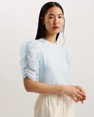 Najfatalniejszy Damskie Ted Baker Short Puff Sleeve Organza Głęboka Niebieskie Polska | PL-PFVXB8945