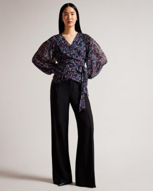 Najfatalniejszy Damskie Ted Baker Smocked Wrap With Blouson Sleeve Granatowe Polska | PL-MQYNT9506