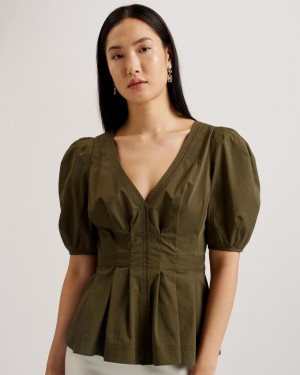 Najfatalniejszy Damskie Ted Baker Stitch Detail Balloon Sleeve Peplum Khaki Polska | PL-RCEKL3419