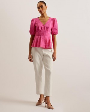 Najfatalniejszy Damskie Ted Baker Stitch Detail Balloon Sleeve Peplum Fioletowe Polska | PL-VMKTW3978