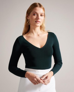 Najfatalniejszy Damskie Ted Baker V Neck Slim Fit Knit Ciemny Zielone Polska | PL-YRLES6149