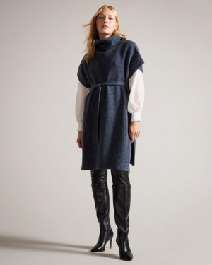 Płaszcz Damskie Ted Baker Engineered Knit Funnel Neck Cape Granatowe Polska | PL-NLOYU7149