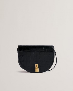 Skórzana Torebka Damskie Ted Baker Leather Padlock Saddle Czarne Polska | PL-EWYJK4386