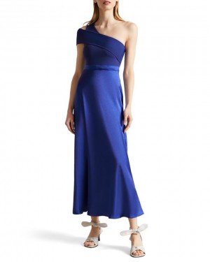 Sukienka Damskie Ted Baker Asymmetric Knit Bodice With Satin Ciemny Niebieskie Polska | PL-UACWR2194