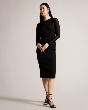 Sukienka Damskie Ted Baker Bodycon Midi With Sheer Sleeves Czarne Polska | PL-NEJZT1572