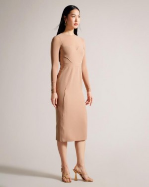 Sukienka Damskie Ted Baker Bodycon Midi With Sheer Sleeves Beżowe Polska | PL-UKVHZ7819