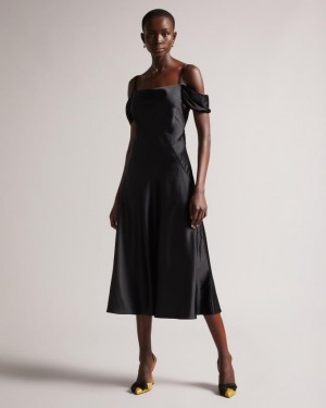 Sukienka Damskie Ted Baker Cold Shoulder Cowl Front Midi Slip Czarne Polska | PL-JTUKB2895