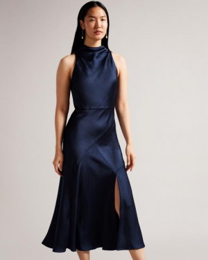 Sukienka Damskie Ted Baker Cowl Neck Bias Cut Midi Ciemny Niebieskie Polska | PL-QIXSA8910