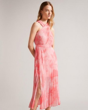 Sukienka Damskie Ted Baker Cross Front Pleated Midi Koralowe Polska | PL-MFAKB9238