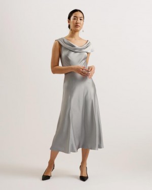 Sukienka Damskie Ted Baker Draped Neck Satin Midi Głęboka Szare Polska | PL-PJEAB4273