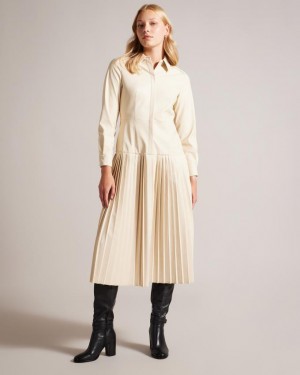 Sukienka Damskie Ted Baker Faux Leather Pleated Midi Beżowe Polska | PL-XLDHK4387