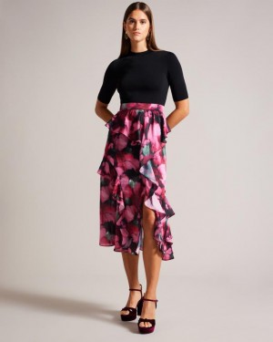 Sukienka Damskie Ted Baker Fitted Knit Bodice With Ruffle Czarne Polska | PL-CXVSZ0162