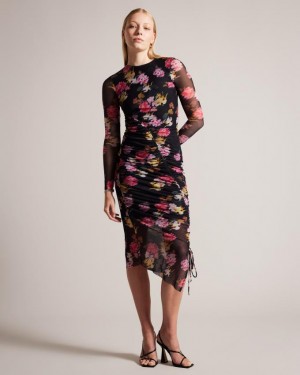 Sukienka Damskie Ted Baker Floral Bodycon With Drawcord Czarne Polska | PL-PMDCS8930