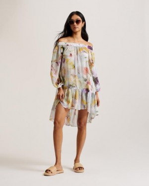 Sukienka Damskie Ted Baker Floral Print Off The Shoulder Cover Up Białe Polska | PL-CGBDQ7261