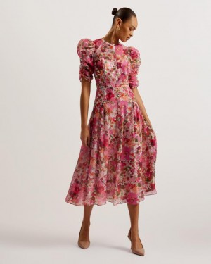 Sukienka Damskie Ted Baker Floral Print Puff Sleeve Midi Różowe Polska | PL-ZWNHT0328