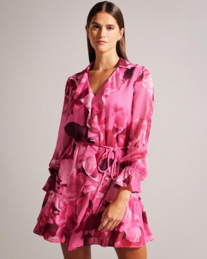 Sukienka Damskie Ted Baker Floral Ruffled Mini Głęboka Różowe Polska | PL-LCJEH5469
