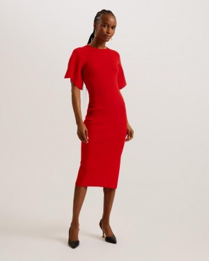 Sukienka Damskie Ted Baker Fluted Sleeve Knitted Bodycon Midi Czerwone Polska | PL-BPSCG5298