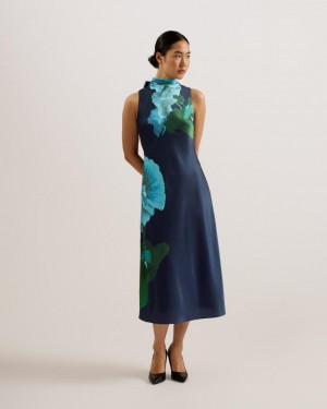 Sukienka Damskie Ted Baker High Neck Floral Satin Slip Granatowe Polska | PL-KBZMJ9645