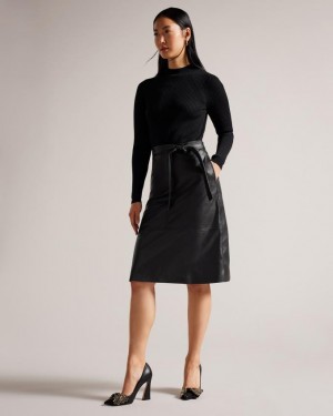 Sukienka Damskie Ted Baker Knit Bodice Midi With Faux Leather Czarne Polska | PL-ABXSV2847