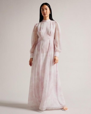 Sukienka Damskie Ted Baker Long Sleeve Maxi With Blouson Sleeve Różowe Polska | PL-XSKTV8543