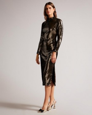 Sukienka Damskie Ted Baker Long Sleeve Sequin Tube Ciemny Brązowe Polska | PL-WKCOM6829