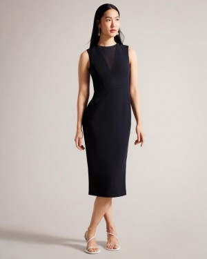 Sukienka Damskie Ted Baker Midi Bodycon With Sheer V-Neck Granatowe Polska | PL-EKGMS2958
