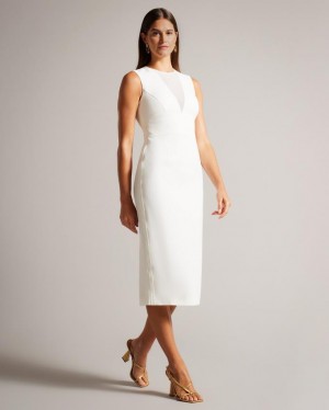 Sukienka Damskie Ted Baker Midi Bodycon With Sheer V-Neck Białe Polska | PL-FNGRL4951