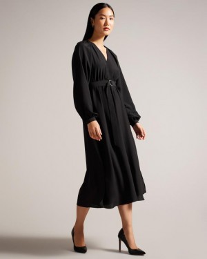 Sukienka Damskie Ted Baker Midi With Belted Waist Czarne Polska | PL-MSKCX3756