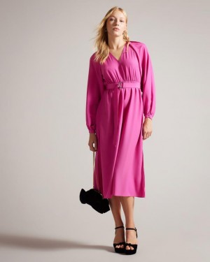 Sukienka Damskie Ted Baker Midi With Belted Waist Głęboka Różowe Polska | PL-RYUKZ1054
