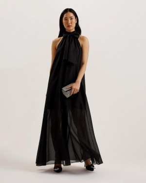 Sukienka Damskie Ted Baker Organza Maxi With Neck Czarne Polska | PL-YVLIP9154