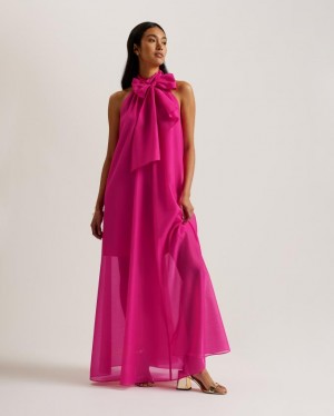 Sukienka Damskie Ted Baker Organza Maxi With Neck Głęboka Różowe Polska | PL-BAZFW1684