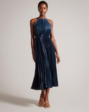 Sukienka Damskie Ted Baker Pleated Halterneck Midi Granatowe Polska | PL-YIZFH7184