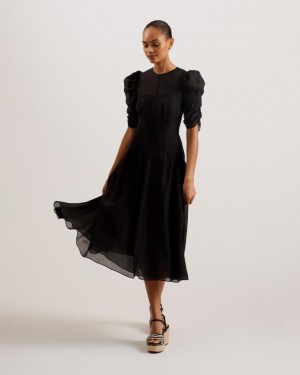 Sukienka Damskie Ted Baker Puff Sleeve Midi Czarne Polska | PL-JVLKE7641