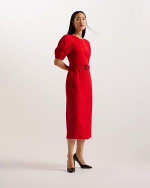 Sukienka Damskie Ted Baker Puff Sleeve Midi With Belt Czerwone Polska | PL-UKVAY5961