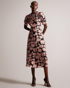 Sukienka Damskie Ted Baker Puff Sleeve Midi Tea Czarne Polska | PL-CEWZP9325