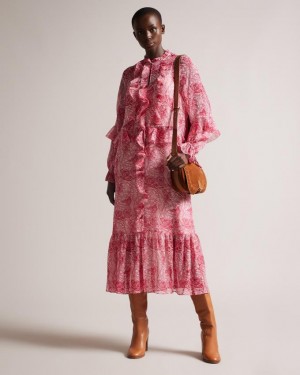 Sukienka Damskie Ted Baker Ruffle Detail Midi Białe Polska | PL-WTQJR4813