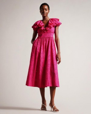 Sukienka Damskie Ted Baker Ruffled V Neck Midi Sundress Głęboka Różowe Polska | PL-XTZLO1034